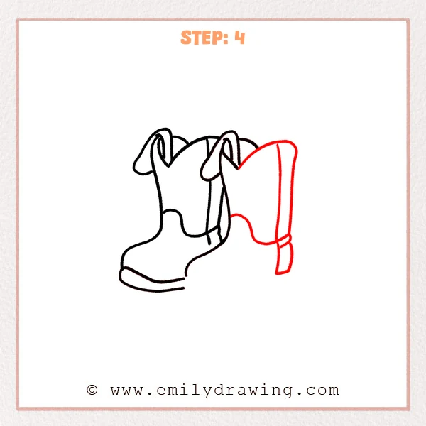 how to draw a cowboy boots - Step 4 of how to draw cowboy boots adds a second boot behind the first, including a taller shaft with a curved opening, a front edge line, an ankle curve, and a blocky heel.